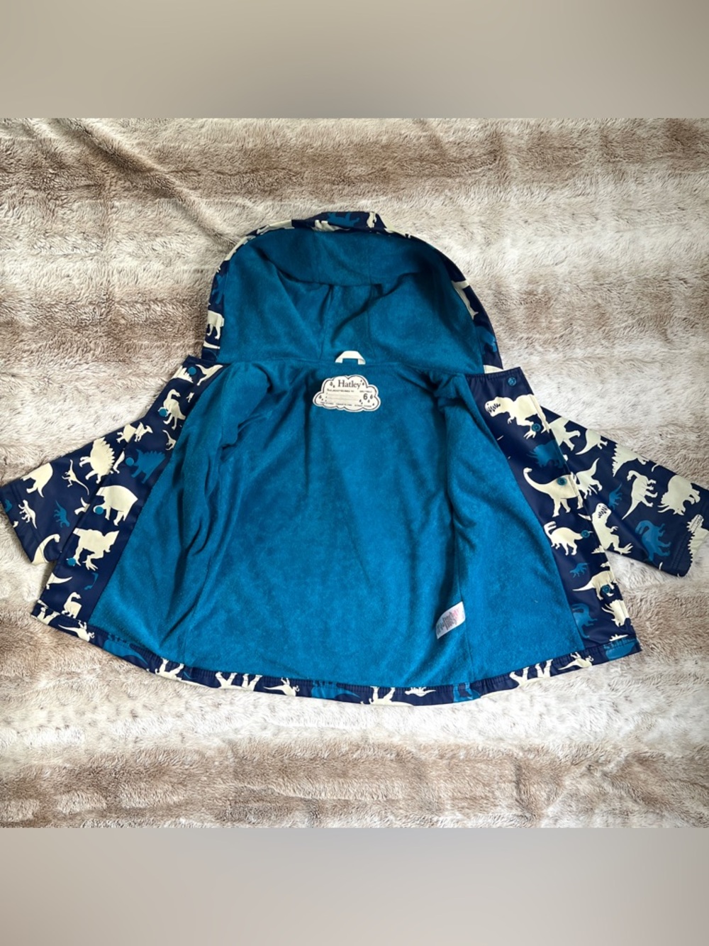 ๐ฆ6๐ฆHatley Kids Dinosaur Print Navy Blue White Snap Raincoat Jacket - Picture 4 of 11